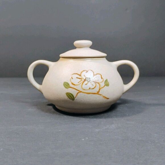 Vtg Pigeon Forge Pottery Coffee Tea Pot & Sugar Bowl Set Enamel Dogwood Flower - Picture 7 of 12